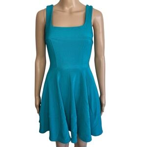 Lulus Solid Blue Square Neck Fit & Flare Sleeveless Pleated Mini Skater Dress